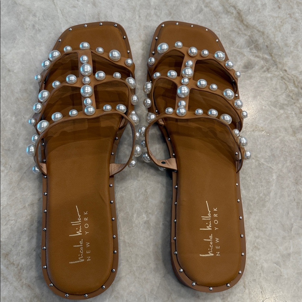 Nicole Miller Brown Sandals with Pearl Accents
